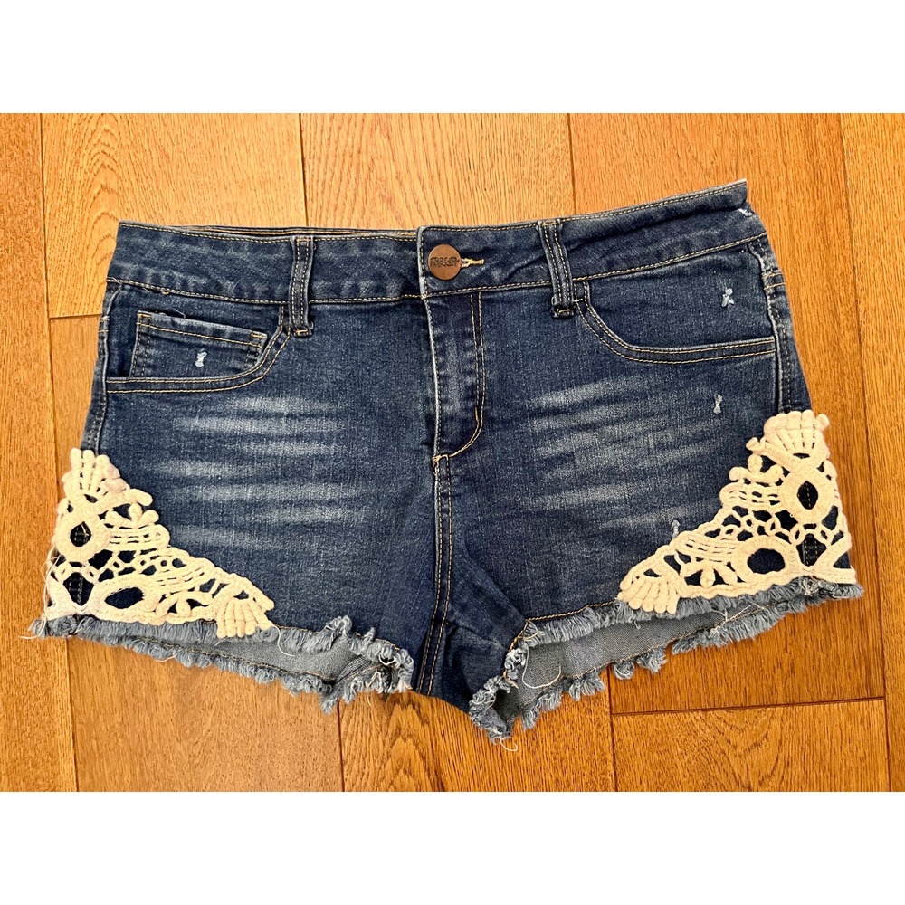 Boho Crochet Lace Denim Shorts Size 11 Festival Frayed Cut Off Jean Shorts